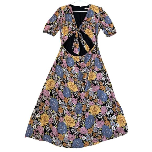 Wayf Dresses & Skirts - WAYF Floral Maxi Dress Front Tie Cutout Short Sleeves Multicolor Size M